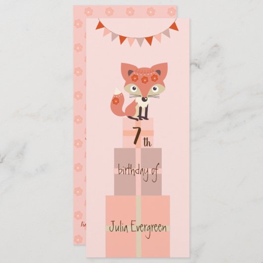 Cute Rose Fox 7e Invitation anniversaire (Devant / Derrière)