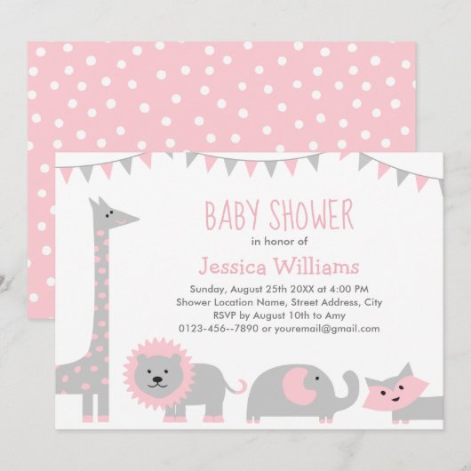 Cute rose Grey Animaux Baby shower Invitation Fill (Devant / Derrière)