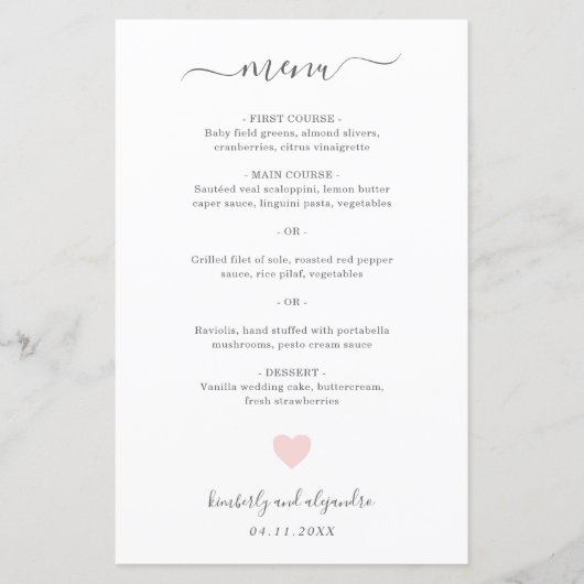Cute Rose Heart Menu Mariage simple (Devant)
