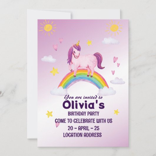 Cute Rose Unicorn Invitation Anniversaire (Devant)