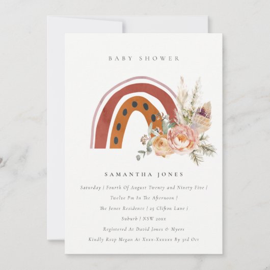 Cute rouille Boho Floral Arc-en-ciel Invitation Ba (Devant)