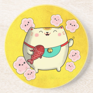 Cute Round Maneki Neko Cat Zandsteen Onderzetter