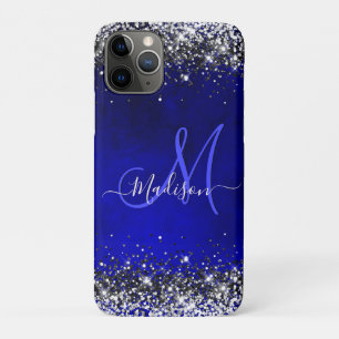 Cute royal blue faux glitter monogram iPhone 11 pro hoesje