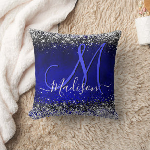 Cute royal blue faux glitter monogram kussen