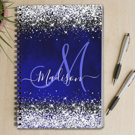 Cute royal blue faux glitter monogram notitieboek