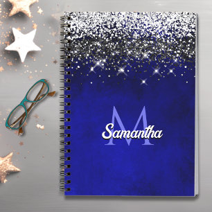Cute royal blue faux glitter monogram notitieboek