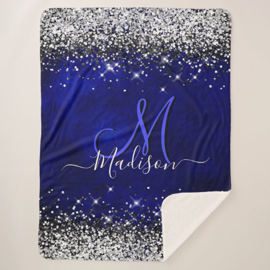 Cute royal blue faux glitter monogram sherpa deken (Voorkant)