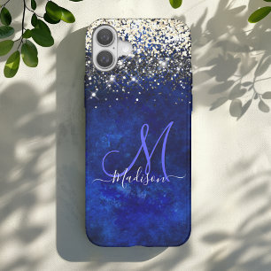 Cute royal blue gold faux glitter monogram iPhone 16 hoesje