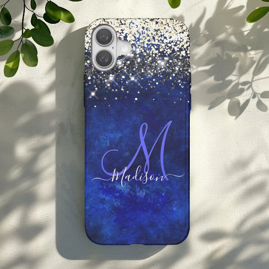 Cute royal blue gold faux glitter monogram Case-Mate iPhone case