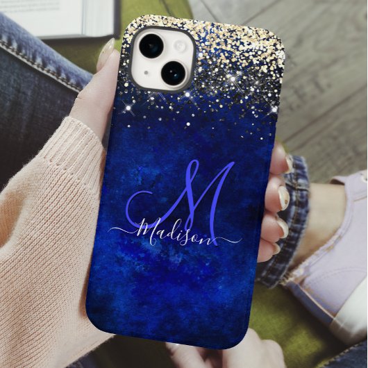 Cute royal blue gold faux glitter monogram Case-Mate iPhone case