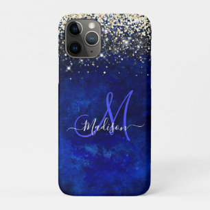Cute royal blue gold faux glitter monogram iPhone 11 pro hoesje