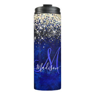 Cute royal blue gold faux glitter monogram thermosbeker