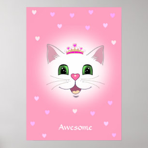 Cute royal cat face with harts on roze poster