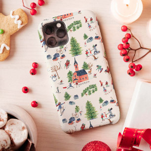 Cute roze and green Alpine lodge ski landscape Apr iPhone 13 Hoesje