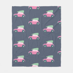 Cute roze auto met kerstboom in Waterverf Fleece Deken