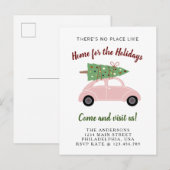 Cute roze auto met kerstboomvakantie aankondigingskaart (Voorkant / Achterkant)