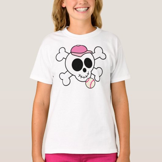 Cute roze Baseball Skull en Crossbones T-shirt (Voorkant)