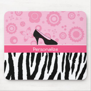 Cute roze Black Shoes Trendy Zebra Print met naam Muismat