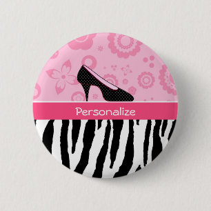 Cute roze Black Shoes Trendy Zebra Print met naam Ronde Button 5,7 Cm