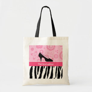 Cute roze Black Shoes Trendy Zebra Print met naam Tote Bag