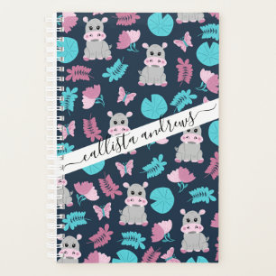 Cute roze Blauwgroen Hippo Floral Butterfly Lily P Planner