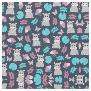 Cute roze Blauwgroen Hippo Floral Butterfly Lily P Stof