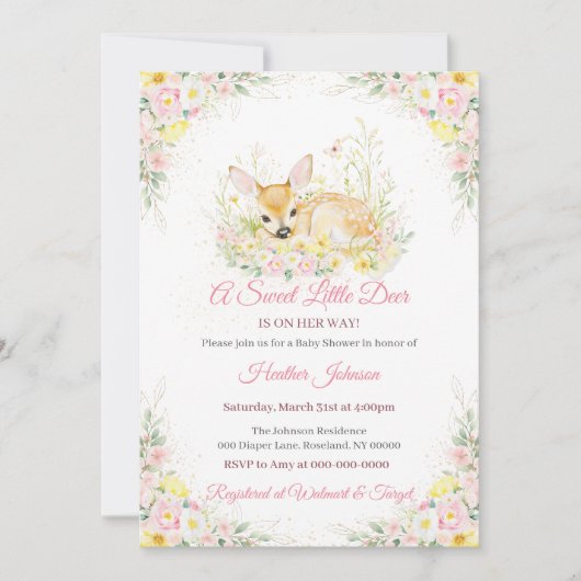 Cute Roze Bloemende Hert Baby Shower Kaart (Voorkant)