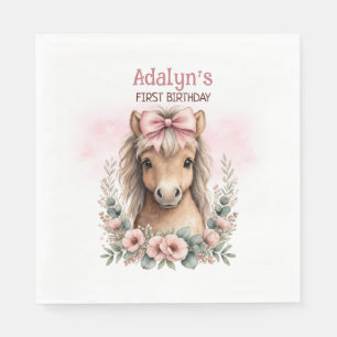 Cute Roze Bloemige Paard 1e Verjaardag Servet