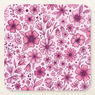 Cute Roze Bloemige Wilde Bloemen Verjaardagsfeestj Vierkante Kartonnen Onderzetter