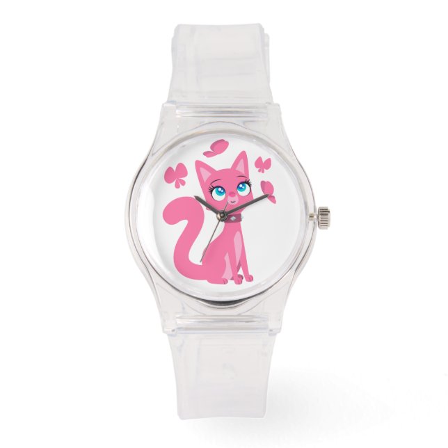 Cute roze Cartoon Cat en Butterflies Horloge (Voorkant)