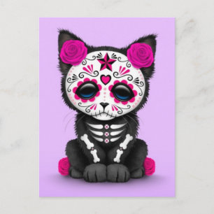 Cute Roze Dag van de Dode Keukenkat, paars Briefkaart