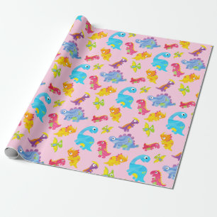 Cute Roze Dinosaurus Thema Verjaardag voor Meisjes Cadeaupapier