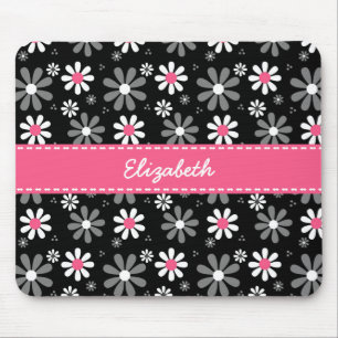 Cute roze en Black Girly Mod Daisies met naam Muismat