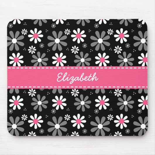 Cute roze en Black Girly Mod Daisies met naam Muismat (Voorkant)