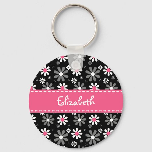 Cute roze en Black Girly Mod Daisies met naam Sleutelhanger (Voorkant)