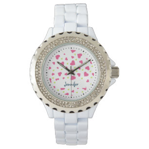 Cute roze en Green Tumbling Hearts Pattern Horloge