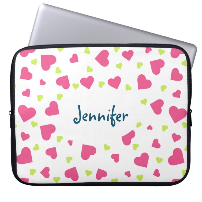 Cute roze en Green Tumbling Hearts Pattern Laptop Sleeve (Voorkant)