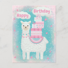 Cute roze en turquoise lama met geschenken briefkaart