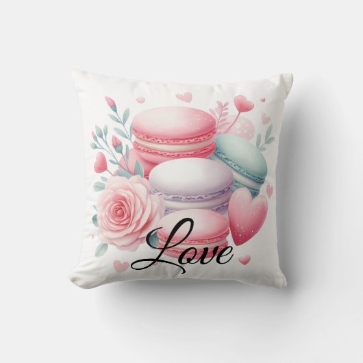 Cute Roze en Witte Macaron & Harten Liefde Kussen (Voorkant)