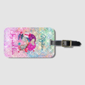 Cute roze faux glitter gnome kerstmonogram bagagelabel (Voorkant (horizontaal))