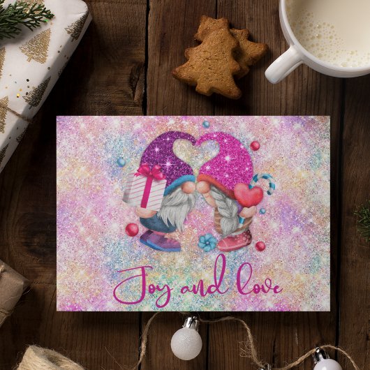 Cute roze faux glitter gnome kerstmonogram briefkaart