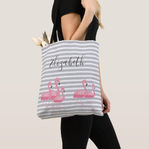 Cute Roze Flamingo Aangepaste Naam Trendy Grijze S Draagtas