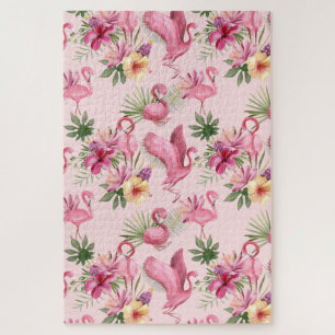 Cute roze flamingo and Flowers Legpuzzel