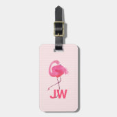 Cute roze flamingo op gestreept achtergrond bagagelabel (Voorkant verticaal)