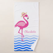Cute roze flamingo zee golft monogram badhanddoek (Badhanddoek)