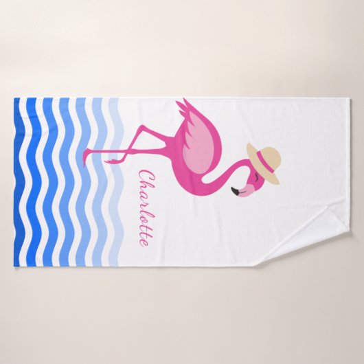 Cute roze flamingo zee golft monogram badhanddoek (Badhanddoek)