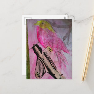 Cute Roze Gele Vogel en Vintage Vliegtuig Collage Briefkaart