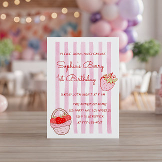 Cute Roze Gestreepte Aardbei 1e Verjaardag Kaart