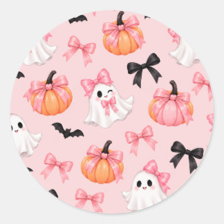 Cute Roze Halloween Geesten & Strikken Patroon Sti Ronde Sticker