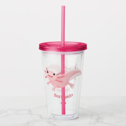 Cute roze happy axolotl acryl drinkbeker (Voorkant)